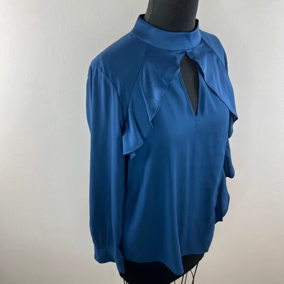 PARKER Blouse Top Back Stretch Back Keyhole Mock Neck Ruffle Size Medium M - Picture 4 of 9